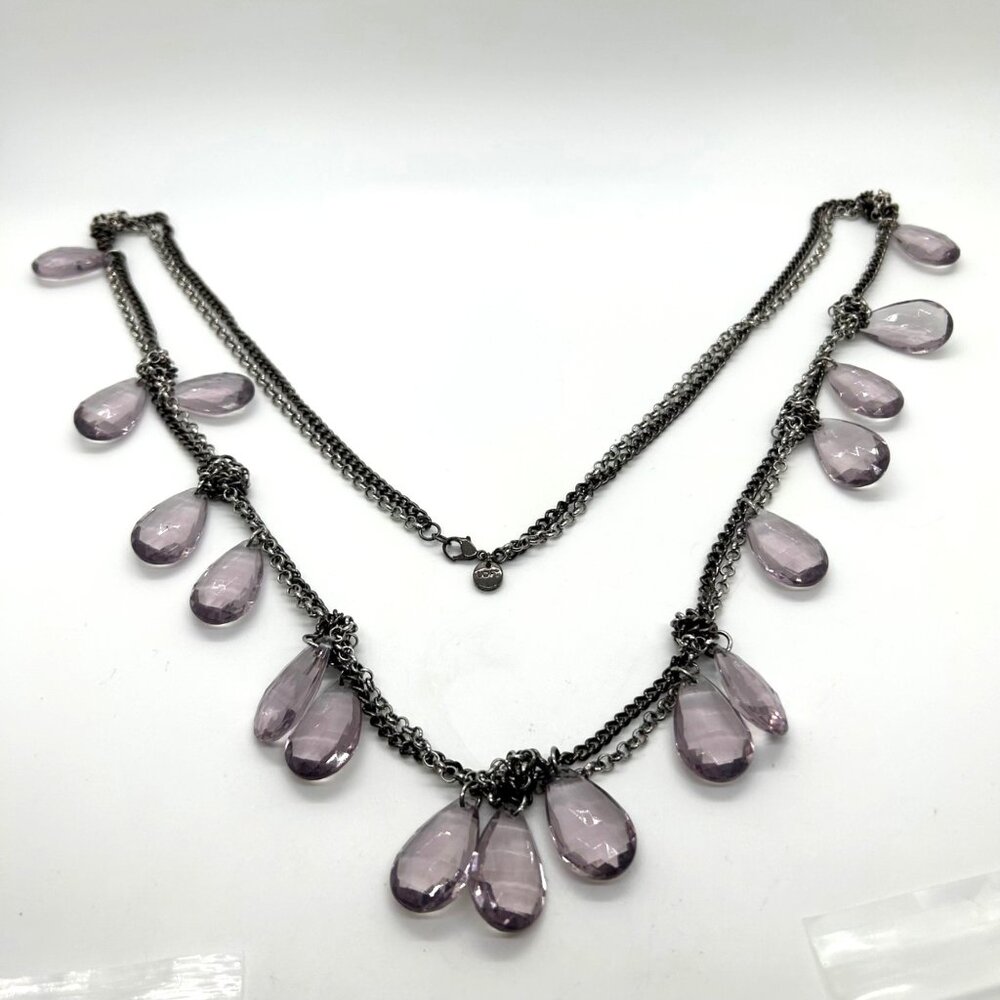 Loft Double Strand Necklace Purple Faceted Teardrop Silver-Tone Chain Vintage - Picture 2 of 15